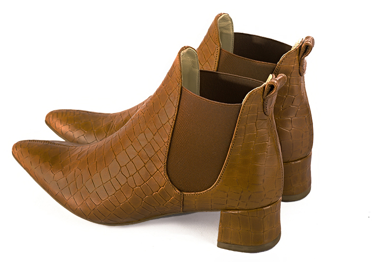 Caramel brown women's ankle boots, with elastics. Tapered toe. Low flare heels. Rear view - Florence KOOIJMAN